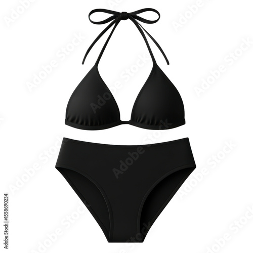 Minimalist Black Bikini Set Triangle Top High Waisted Bottoms Swimsuit Apparel Fashion isolated on a transparent background