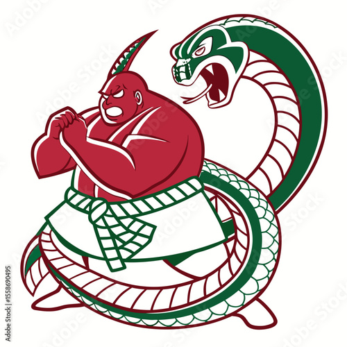 angry sumo wrestler and snake logo.  Sumo wrestler vector logo.