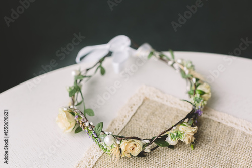 Handmade bridal floral crown with pearls on rustic table. Perfect for wedding themes, slow lifestyle, romantic mood, boho chic or natural elegance concepts.
