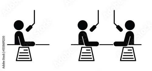 Cartoon podcast interview or recording session with microphone. Blog, communication concept. Podcast studio, radio show. Host with table and paper. Online, webcast audio record. Live, media record.