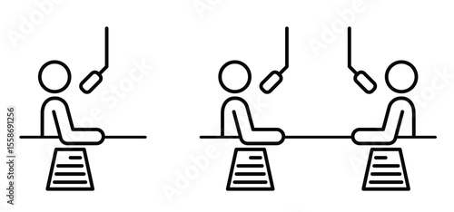 Cartoon podcast interview or recording session with microphone. Blog, communication concept. Podcast studio, radio show. Host with table and paper. Online, webcast audio record. Live, media record.