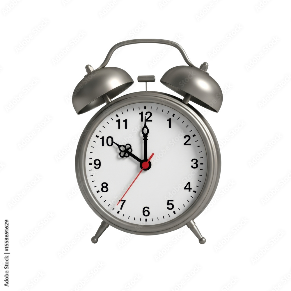 Classic silver alarm clock with twin bells on transparent background Classic silver alarm clock with twin bells on transparent background