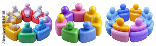 Colorful cartoon team circles with human icons in unity poses, 3D abstract collaboration symbols, isolated on transparent background
