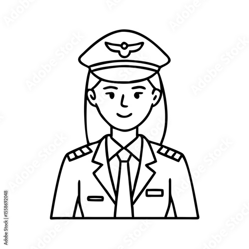 Smiling Female Pilot Line Icon in Uniform with Cap for Aviation, Travel, and Career