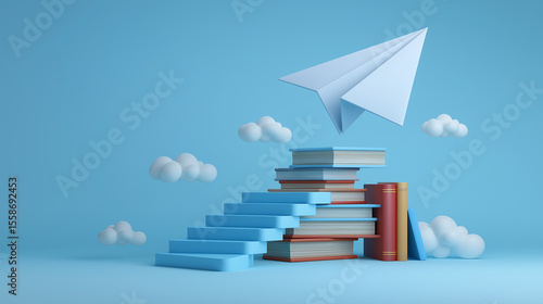 Paper airplane flies above colorful stack of books, representing creativity and knowledge. Bright blue background and fluffy clouds create an uplifting ambiance