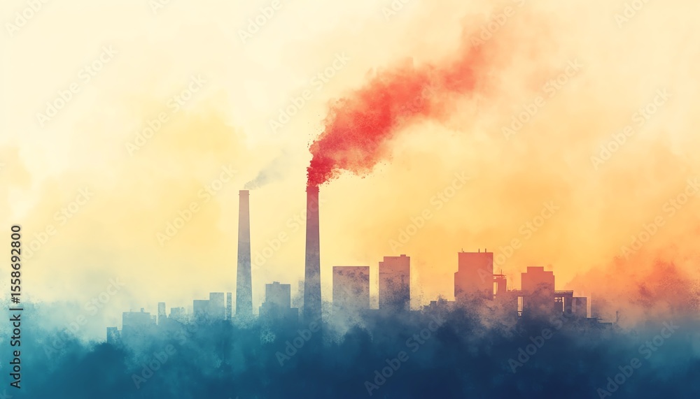 Obraz premium watercolor styled climtae changing disaster illustration, chimney with smog