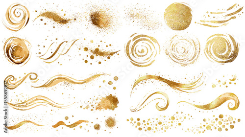 Elegant gold watercolor brush strokes, swirls, and splatters perfect for luxury branding, invitations, highlights, or decorative design accents.


