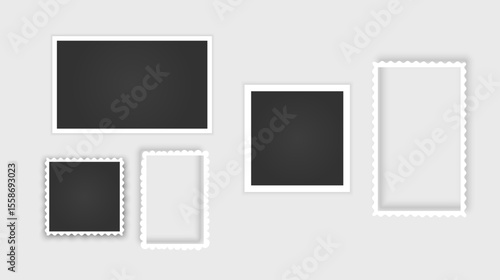 Blank photo card frame, film set. Retro vintage photograph with. Digital snapshot image. Template or mockup for design. Vector format