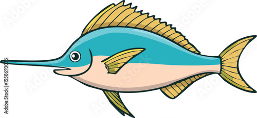 Cartoon illustration of a vibrant blue marlin, characterized by its long bill and dorsal fin.