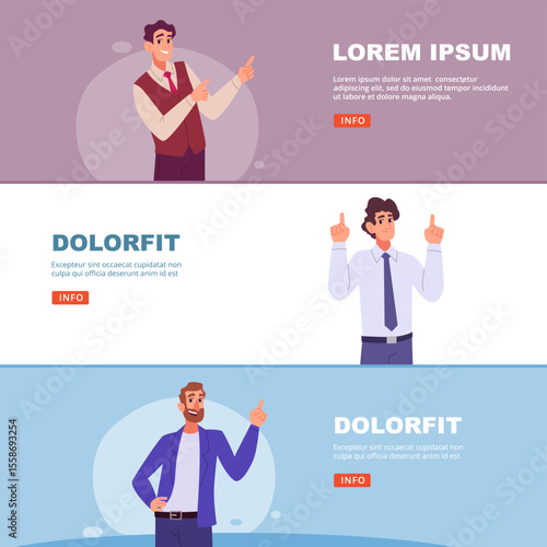 People pointing. managers or businessmen pointing to text areas on banner ads