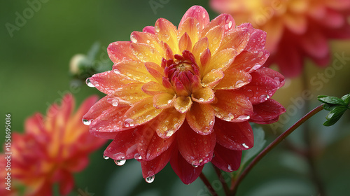 Image of a beautiful blooming flower with dewdrops on its petals
