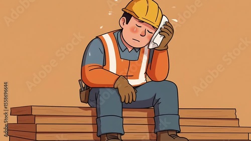 Cartoon illustration of a tired construction worker sitting on wooden planks, wiping sweat and resting after hard labor
