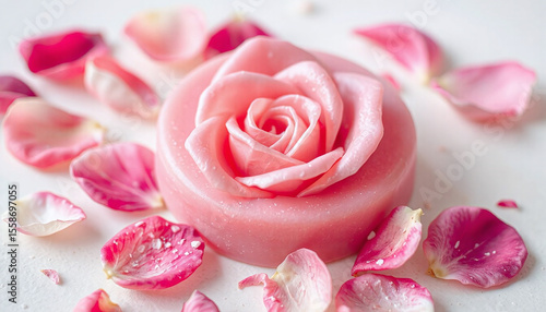 Pink soap carved into a rose shape is artistically displayed with scattered pink petals. The image highlights the elegance and creativity of handmade soap crafting.