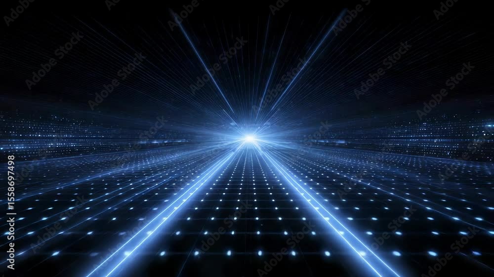 Futuristic Digital Grid with Blue Light Beams and Symmetrical Patterns in Dark Space Futuristic Digital Grid with Blue Light Beams and Symmetrical Patterns in Dark Space