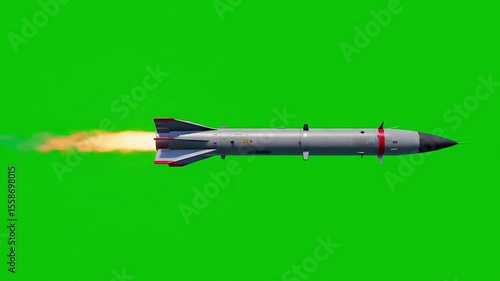 Single Military Missile Flying on a Green Screen Background.  Launching Missile with Bright Flames and Thrust.