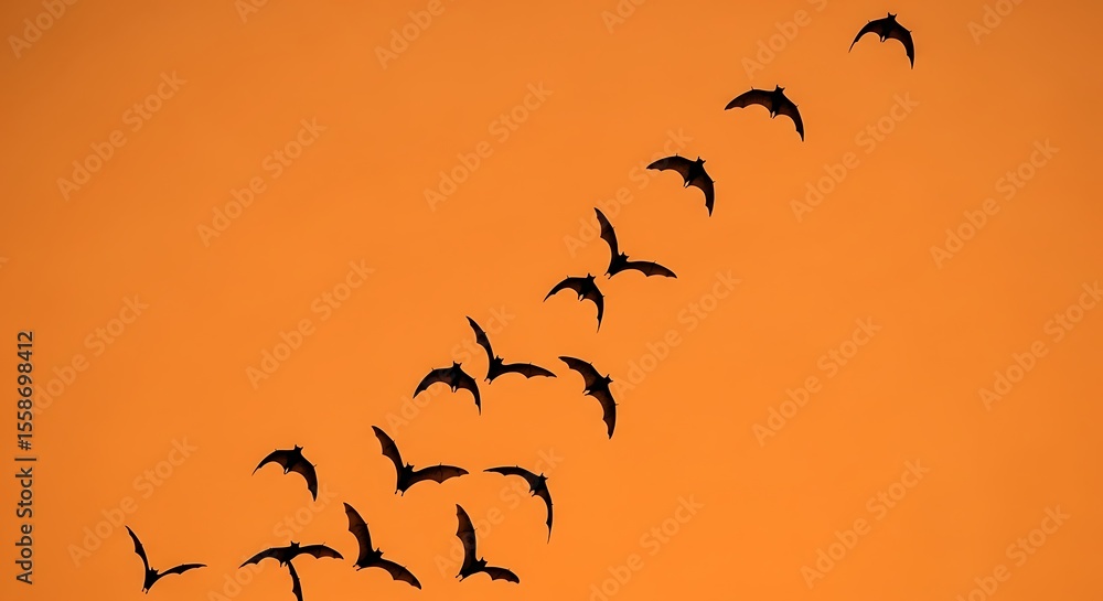 Silhouette of multiple bats flying across a vibrant orange sunset sky. Silhouette of multiple bats flying across a vibrant orange sunset sky.