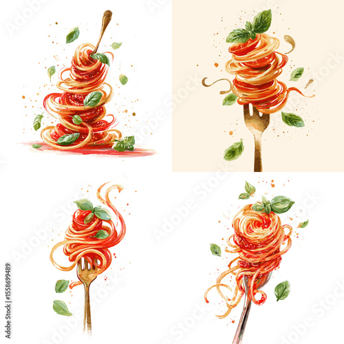 Watercolor illustration of spaghetti pasta twirled on forks with basil and tomato sauce, perfect for Italian food, cooking, or menu design projects.

