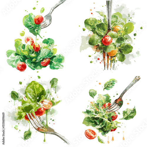 Watercolor salad illustrations with fresh greens, tomatoes, and dressing on forks, ideal for healthy food, organic lifestyle, or recipe design assets.

