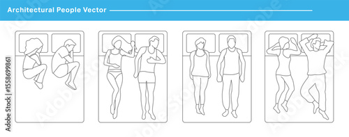 CAD Drawing. Vector illustration of men, women, sleeping top view. Symbol for architecture and landscape design drawing.