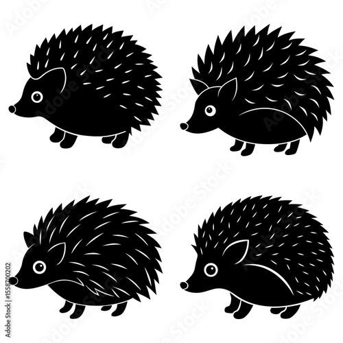 Four black hedgehog illustrations with varied quill styles on a white background layout format view