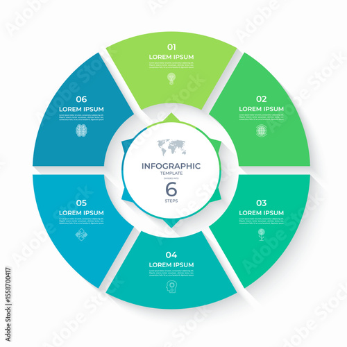 Vector infographic circle divided into 6 steps. Cycle diagram with 6 options. Round chart that can be used for report, business analytics, data visualization and presentation, educational content.