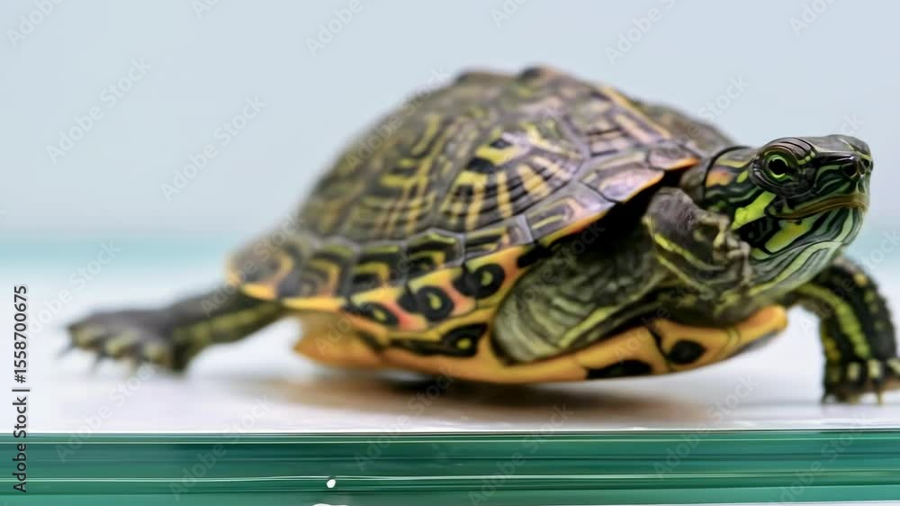 Colorful turtle gracefully swimming in a clear aquarium, with soft lighting enhancing its vibrant patterns Colorful turtle gracefully swimming in a clear aquarium, with soft lighting enhancing its vibrant patterns