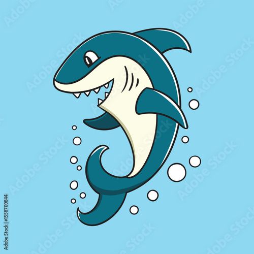 Cartoon Shark with Big Smile and Sharp Teeth in the Ocean