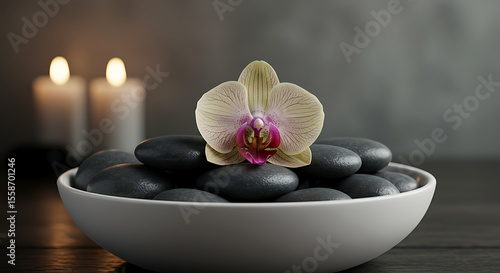 Elegant Orchid and Spa Stones in Bowl.