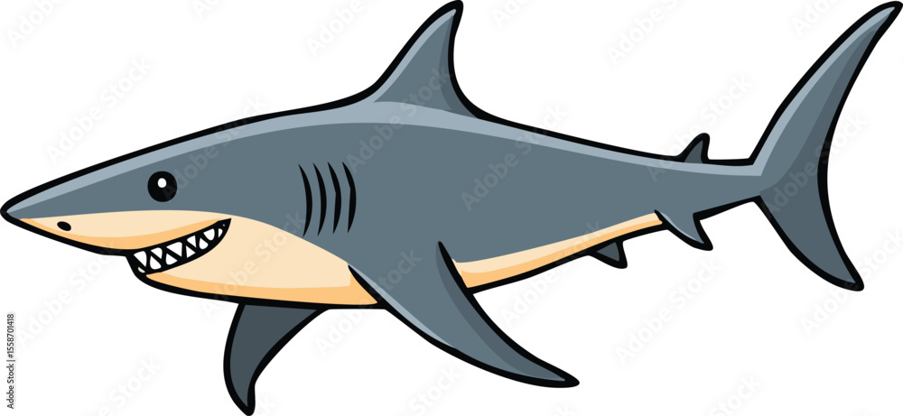 Fototapeta premium Cartoon illustration of a grey shark with a friendly smile and sharp teeth.