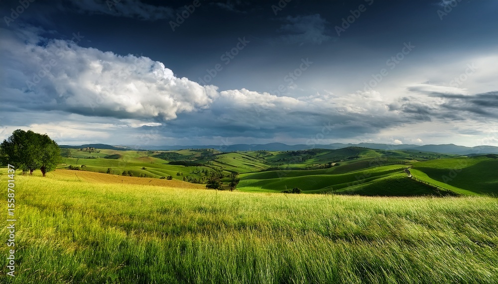Obraz premium vast green fields and rolling hills under a dramatic sky in a rural landscape