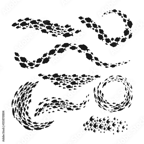 Set of school of fish silhouette set collection, Black flock fish. Swirling fish shoals creating dynamic shape in the ocean. Underwater and marine life schools form frame and border illustration