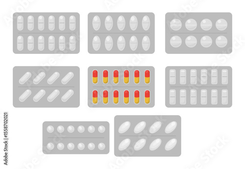 Set of blister pack of pills set collection, blister packaging, Medical drugs package, pharmacy remedies, round pills and oval capsules in plastic and foil pack vector illustration
