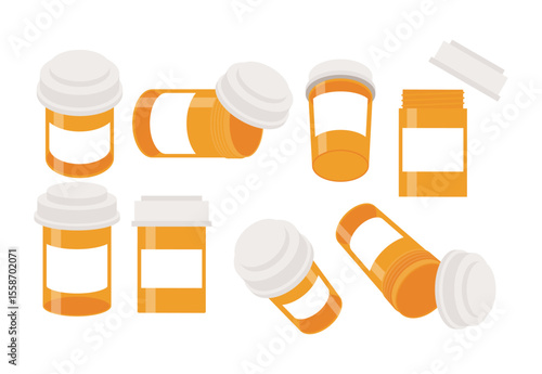 Set of prescription bottle set collection, Medical Dosage Bottle Pack, Pharmacy Painkiller Pill Container,  healthcare medical cartoon element, medication dose drug pill or dose aspirin vitamin vector
