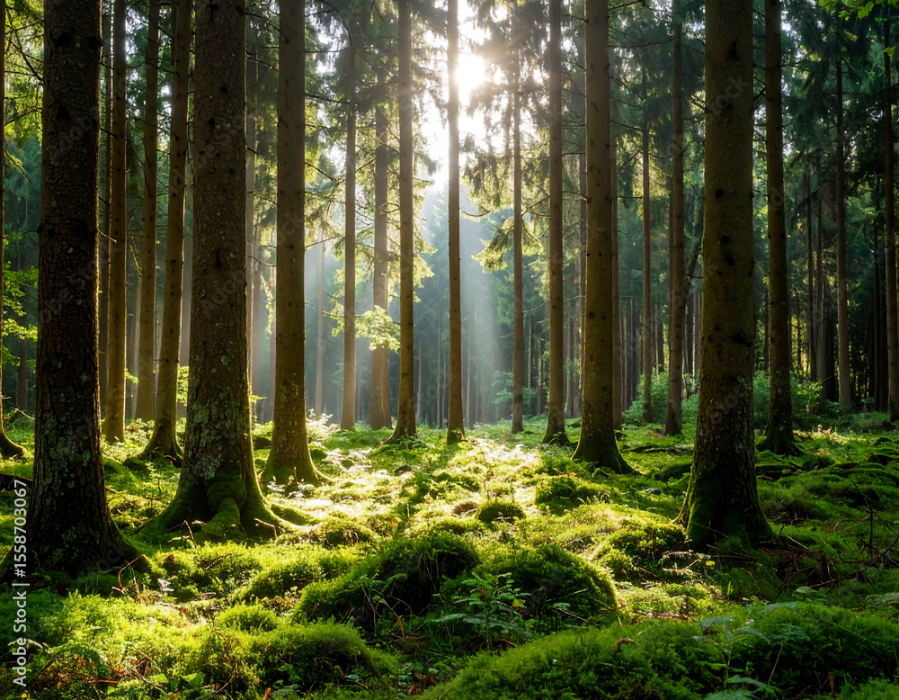 Fototapeta premium Beautiful Forest with Sunlight Filtering Through Trees – Relaxing Nature Background
