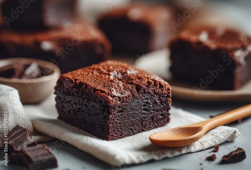 Delicious Moist Chocolate Brownie on a Rustic Table with Soft Lighting and Warm Tones Perfect for Dessert Lovers and Baking Enthusiasts