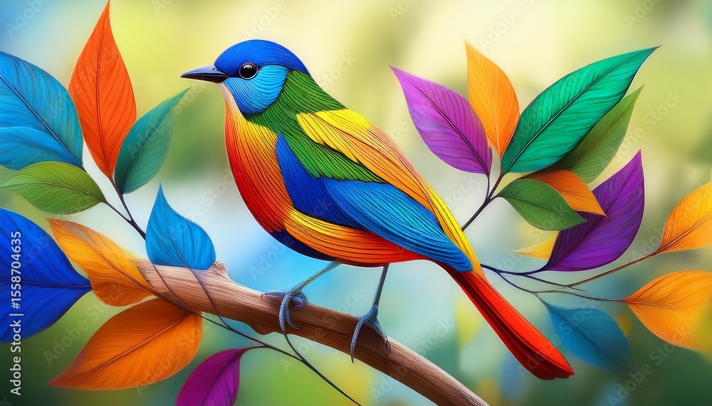 Obraz premium colorful stylized bird perched on a branch with abstract leaves