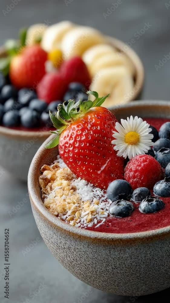 Delicious smoothie bowls topped with fresh fruit and granola prepared in a cozy kitchen Delicious smoothie bowls topped with fresh fruit and granola prepared in a cozy kitchen