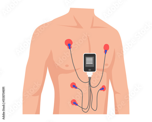 Man Wear Test Holter Monitor portable device tool, Heart's electrical activity (ECG) record, for detection irregular heartbeats (arrhythmias), with man, cable, pad, sensor, data. vector illustration