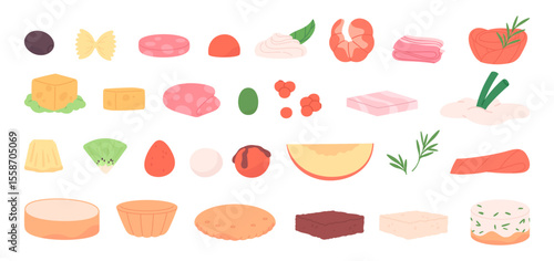 Ingredients for canape and mini food for buffet or party dinner. Different delicious products. Fresh fruits and vegetables, cheese, salmon, bread, vector clipart