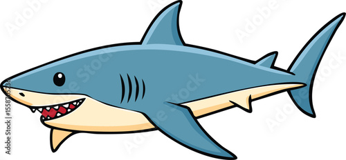A cartoon illustration of a friendly shark swimming with open mouth.