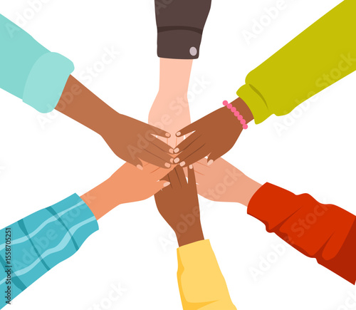 Teamwork Success. Teamwork Hands Diversity Unity Skin Community Friendship Top view business people group team happy teamwork and joining hands or giving five after meeting partner business in office.