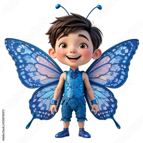 Smiling Childlike Fairy With Large, Blue Wings And Antennas, Wearing Patterned Blue Outfit, Conveys Joyful And Whimsical Tone.eps