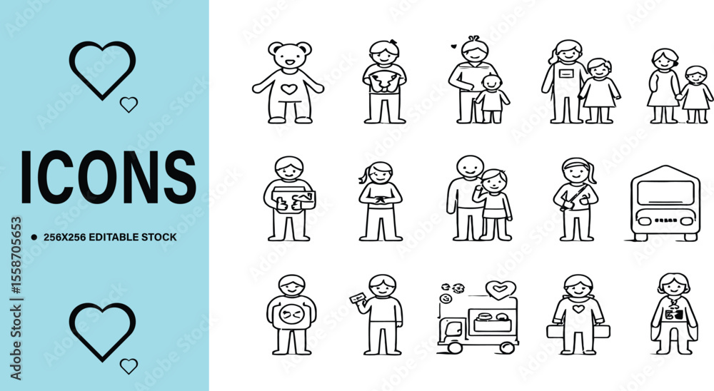 Collection of Line Art Icons Representing Family Children and Everyday Life Collection of Line Art Icons Representing Family Children and Everyday Life