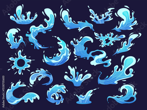 Blue water cartoon splashes. Liquid waves, ocean or sea shapes. Drinking elements, isolated splash and spirals. Decorative watering nowaday vector elements