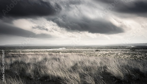abstract prairie grassland field vintage illustration bleak cloudy muted gray landscape art for background wallpaper texture