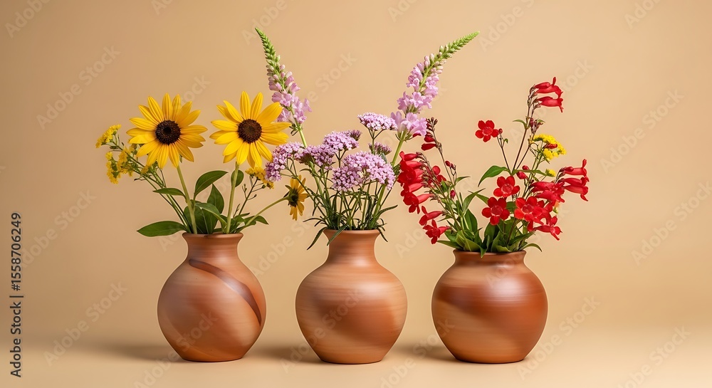 Obraz premium Still life of sunflowers lavender and red flowers in vases on a beige background studio shot art decor 100