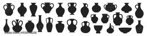 Set of various ancient pottery and vase silhouettes in classic shapes, vector illustration. Includes amphora, urns and ceramic vessels with wide and narrow openings.