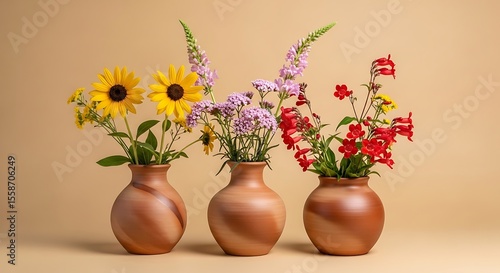 Wallpaper Mural Still life of sunflowers lavender and red flowers in vases on a beige background studio shot art decor 100 Torontodigital.ca