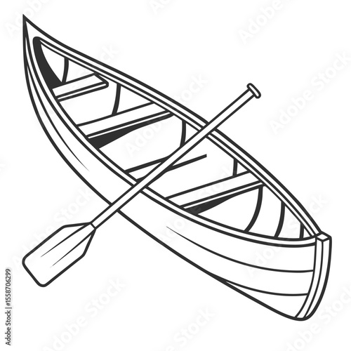 A detailed illustration of a classic canoe with a single paddle crossing over it