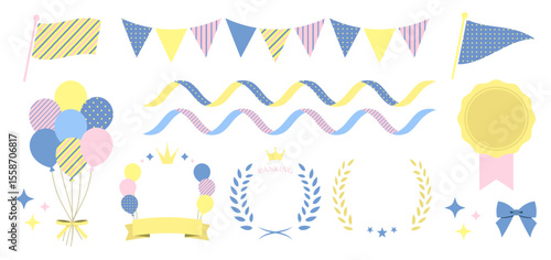 ポップでかわいいお祝い装飾アイコンセット（ピンク 黄色 ブルー 風船 リボン メダル ガーランド 月桂樹 アニバーサリー 誕生日）	
